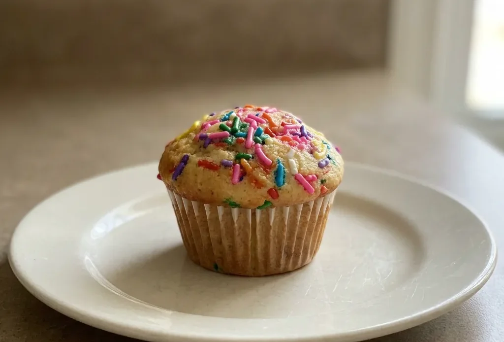 Bird's-eye view of a vanilla muffin topped with rainbow sprinkles, visible crumb texture, and a few scattered sprinkles around the base.