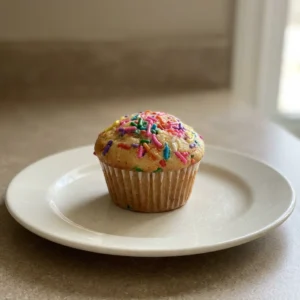 Bird's-eye view of a vanilla muffin topped with rainbow sprinkles, visible crumb texture, and a few scattered sprinkles around the base.