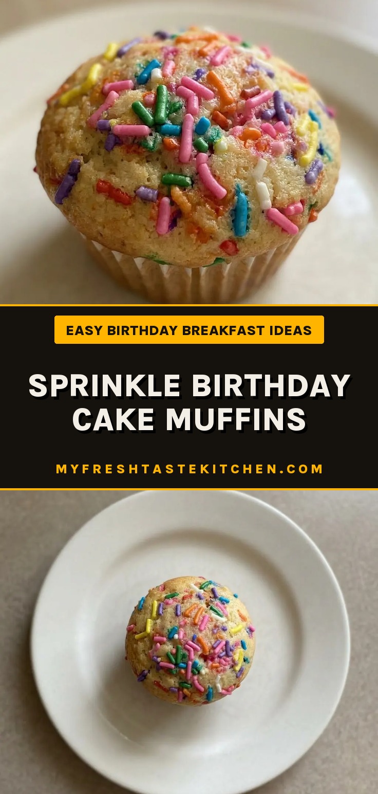 Sprinkle birthday cake muffins topped with rainbow sprinkles on a cooling rack.
