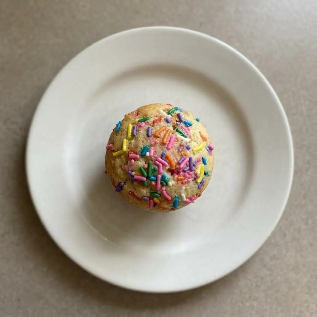 Ready to serve: a single muffin with a domed top covered in rainbow sprinkles, placed on a clean surface.