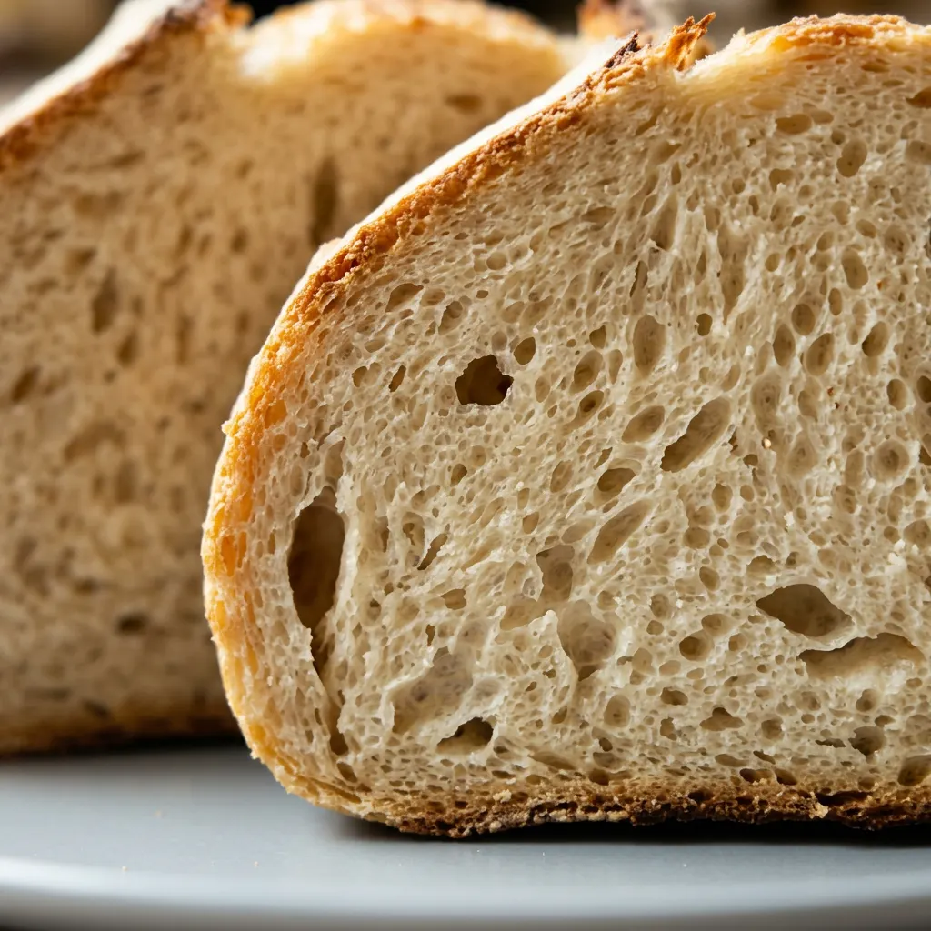 Up close, a slice of sourdough bread shows an airy crumb with irregular holes and a crisp, browned crust.