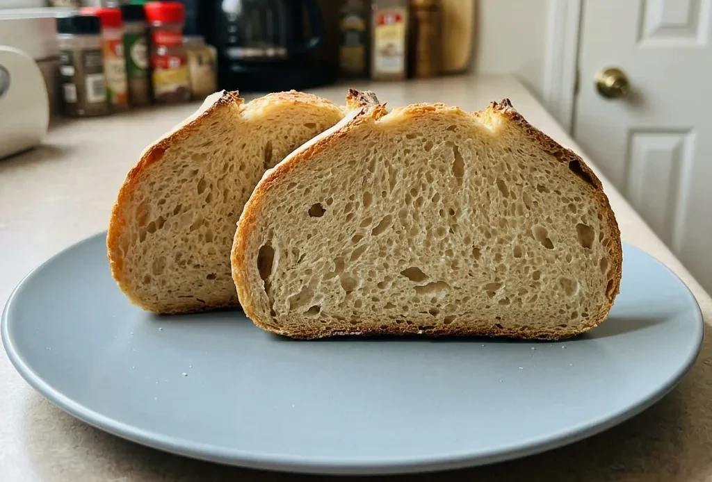 Looking down at a round sourdough loaf with a spiral score mark, golden crust, and visible bread flour dusting.