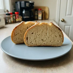 Looking down at a round sourdough loaf with a spiral score mark, golden crust, and visible bread flour dusting.