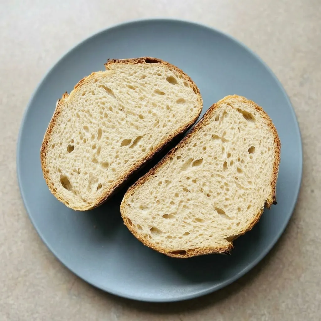 A plate of sourdough bread slices arranged in a fan pattern, each with a soft interior and crusty edge.