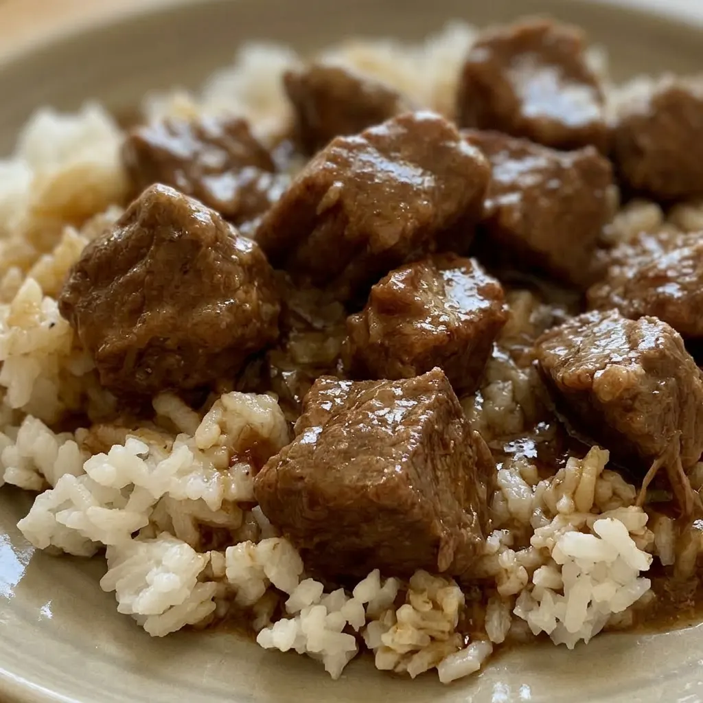 Zoomed in on a forkful of tender beef tips coated in rich gravy, with specks of black pepper and onion bits.