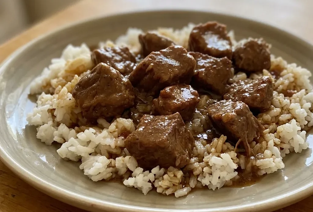 Bird's-eye view of a bowl of stewed beef tips in thick brown gravy, with visible chunks of beef and a glossy sauce.