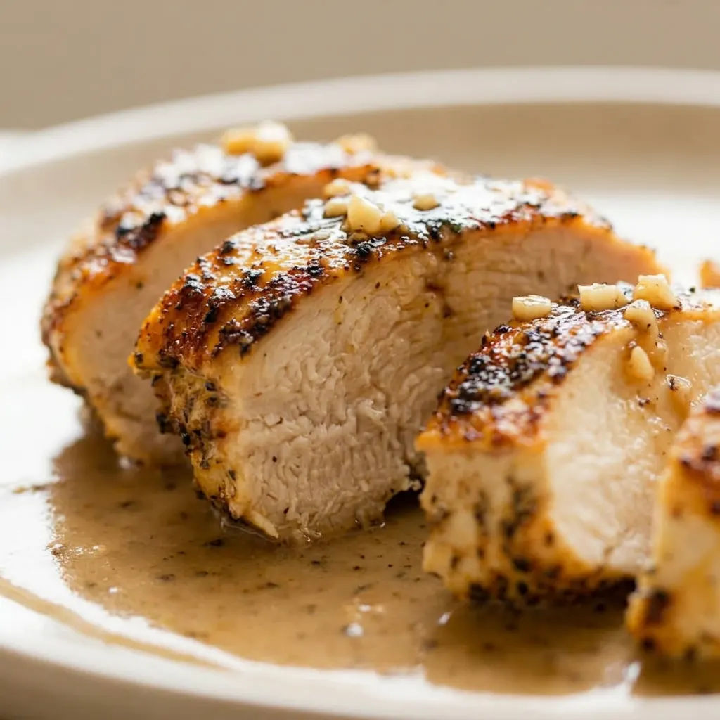 Up close, a seared chicken breast glistens with butter and garlic, tucked in a pool of broth and olive oil.
