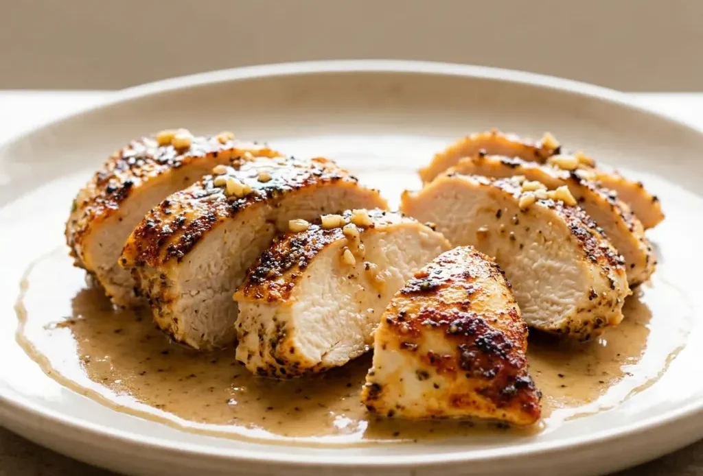 Looking down at a chicken breast topped with garlic and butter, surrounded by olive oil and chicken broth.