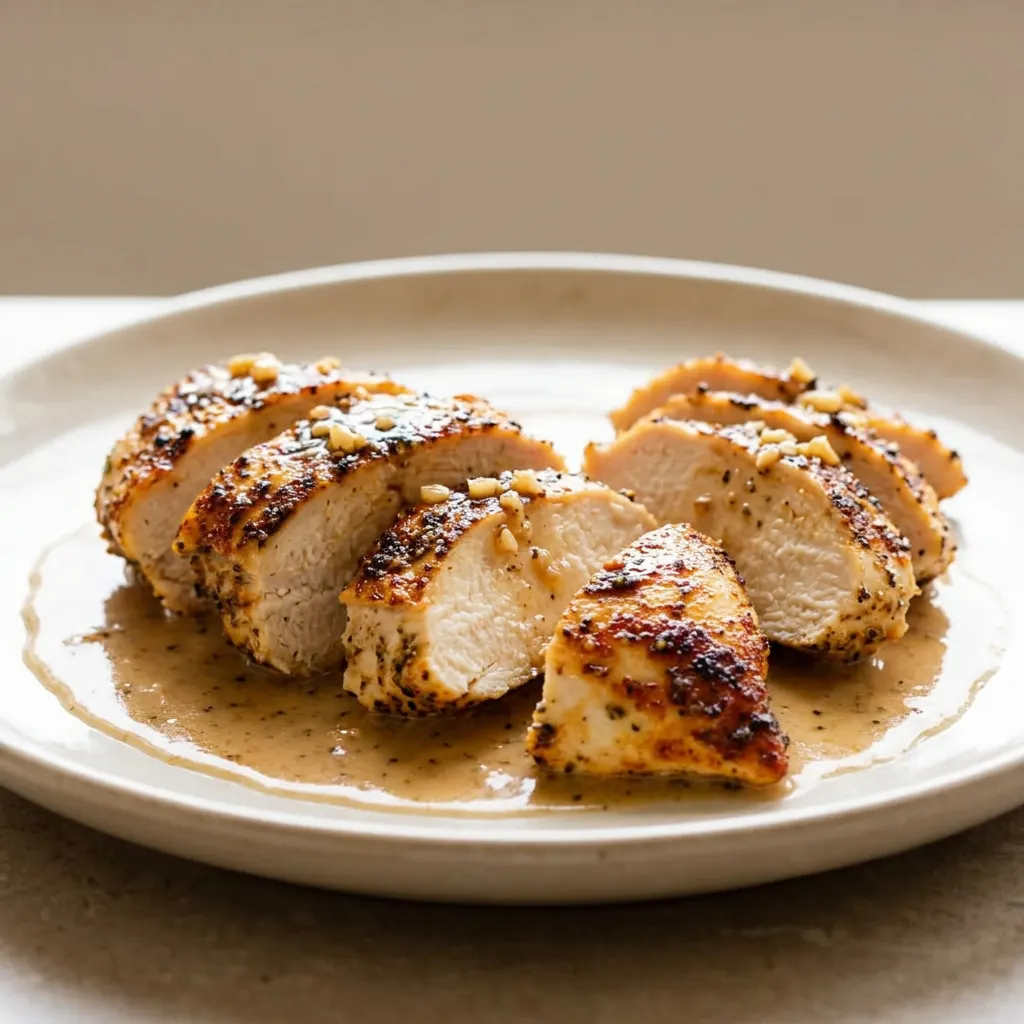 Looking down at a chicken breast topped with garlic and butter, surrounded by olive oil and chicken broth.