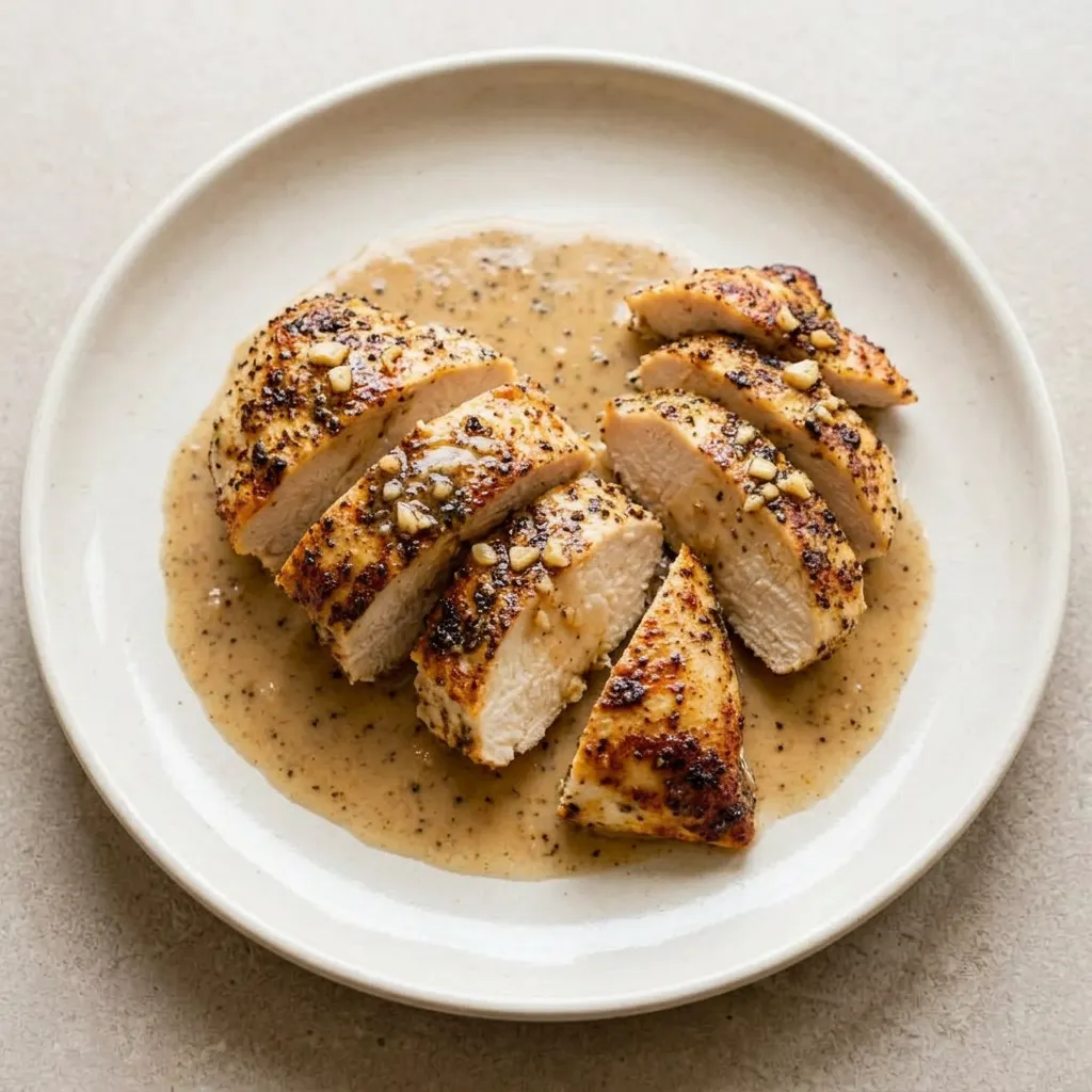 A plate of chicken breast with garlic butter sauce, drizzled with olive oil and chicken broth.