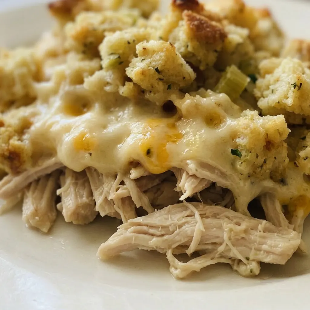 Close view of a casserole with creamy chicken and stuffing, topped with shredded cheese and herbs.