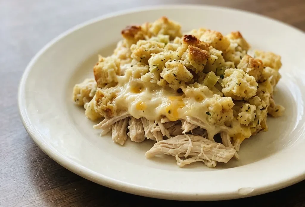 Overhead shot of a casserole with golden-brown stuffing topping, creamy chicken pieces, and melted cheese visible.