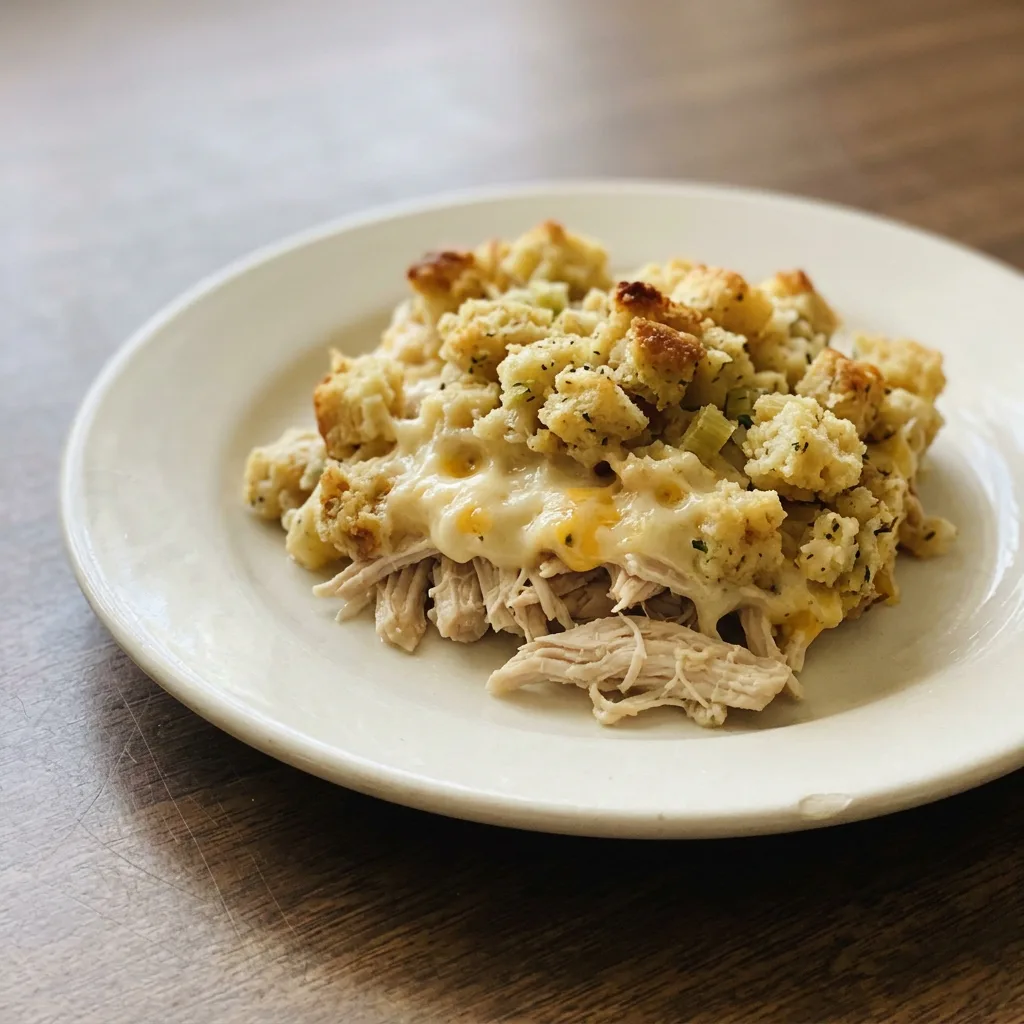 Overhead shot of a casserole with golden-brown stuffing topping, creamy chicken pieces, and melted cheese visible.