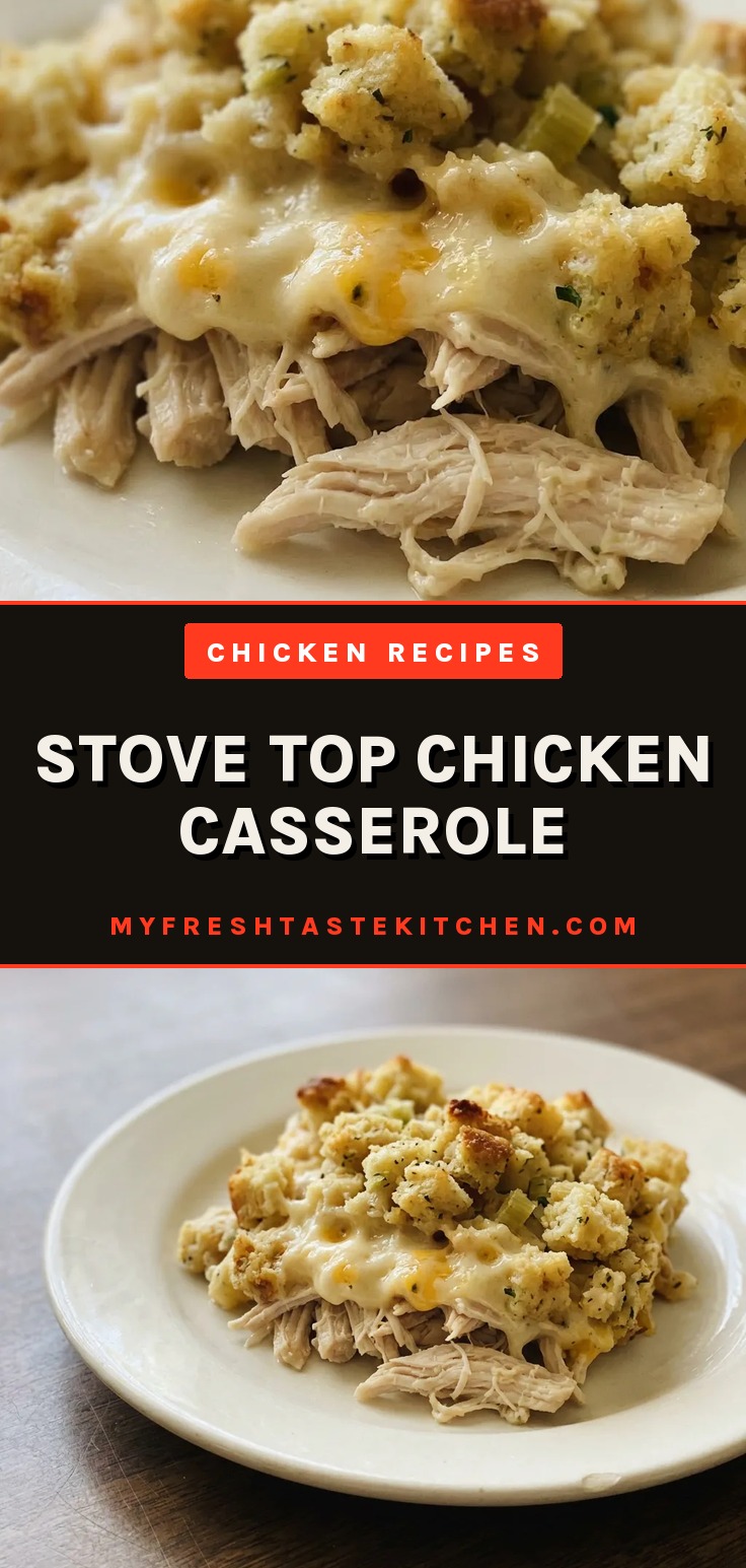 Overhead shot of a casserole with golden-brown stuffing topping, creamy chicken pieces, and melted cheese visible.
