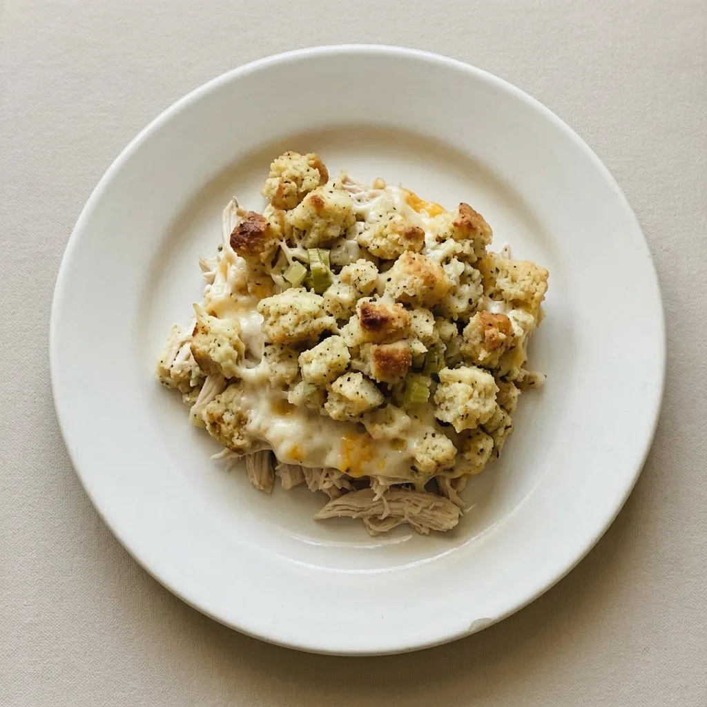 Plated casserole with chicken, cream sauce, stuffing, and melted cheese, garnished with parsley.
