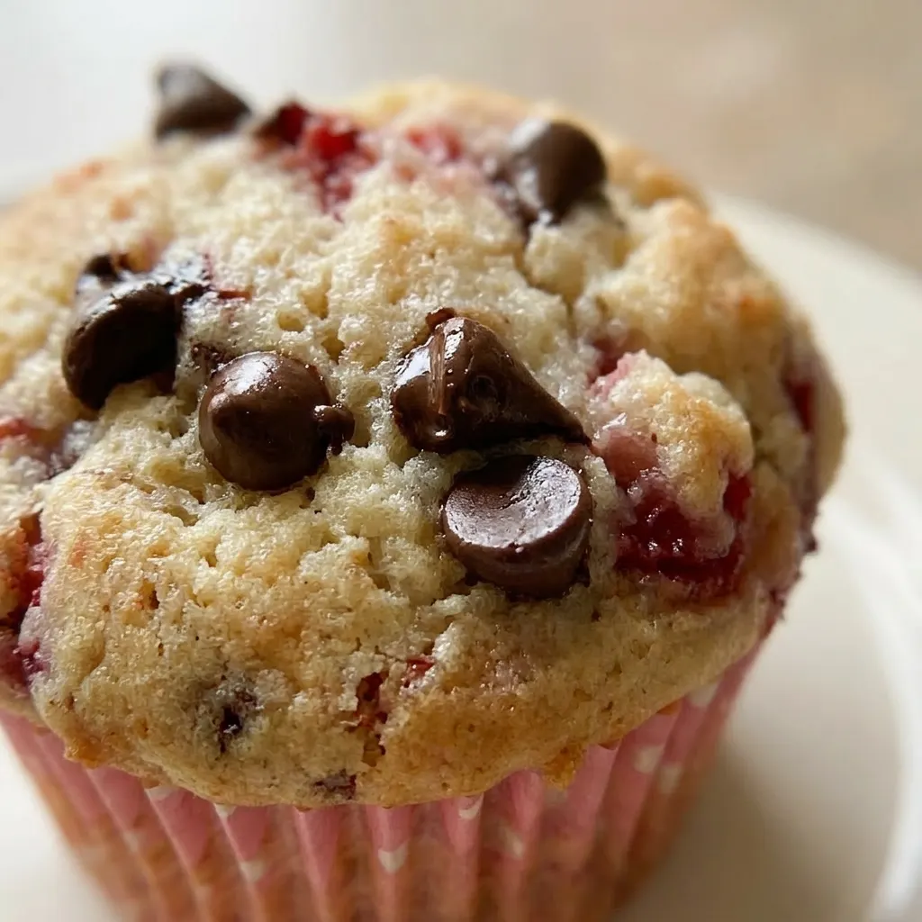 Close view of a muffin showing strawberry chunks and chocolate chips embedded in the crumb, with a slightly domed top.