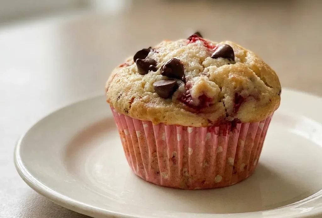 Overhead shot of a strawberry chocolate chip muffin with visible strawberry pieces and chocolate chips on top, golden brown crust.