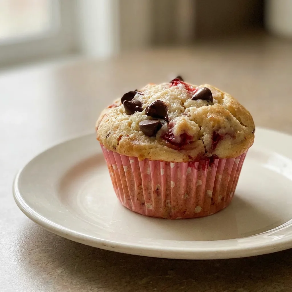 Overhead shot of a strawberry chocolate chip muffin with visible strawberry pieces and chocolate chips on top, golden brown crust.