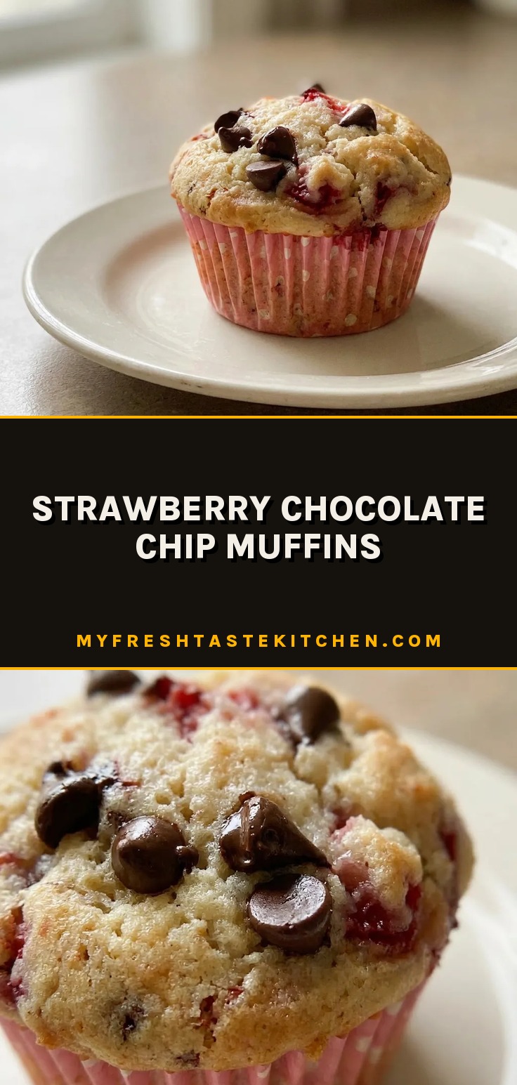 Overhead shot of a strawberry chocolate chip muffin with visible strawberry pieces and chocolate chips on top, golden brown crust.