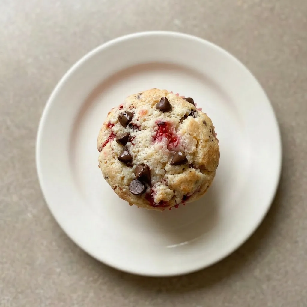 Plated muffin with strawberry and chocolate chip toppings visible, soft interior texture, and a light cinnamon hue.