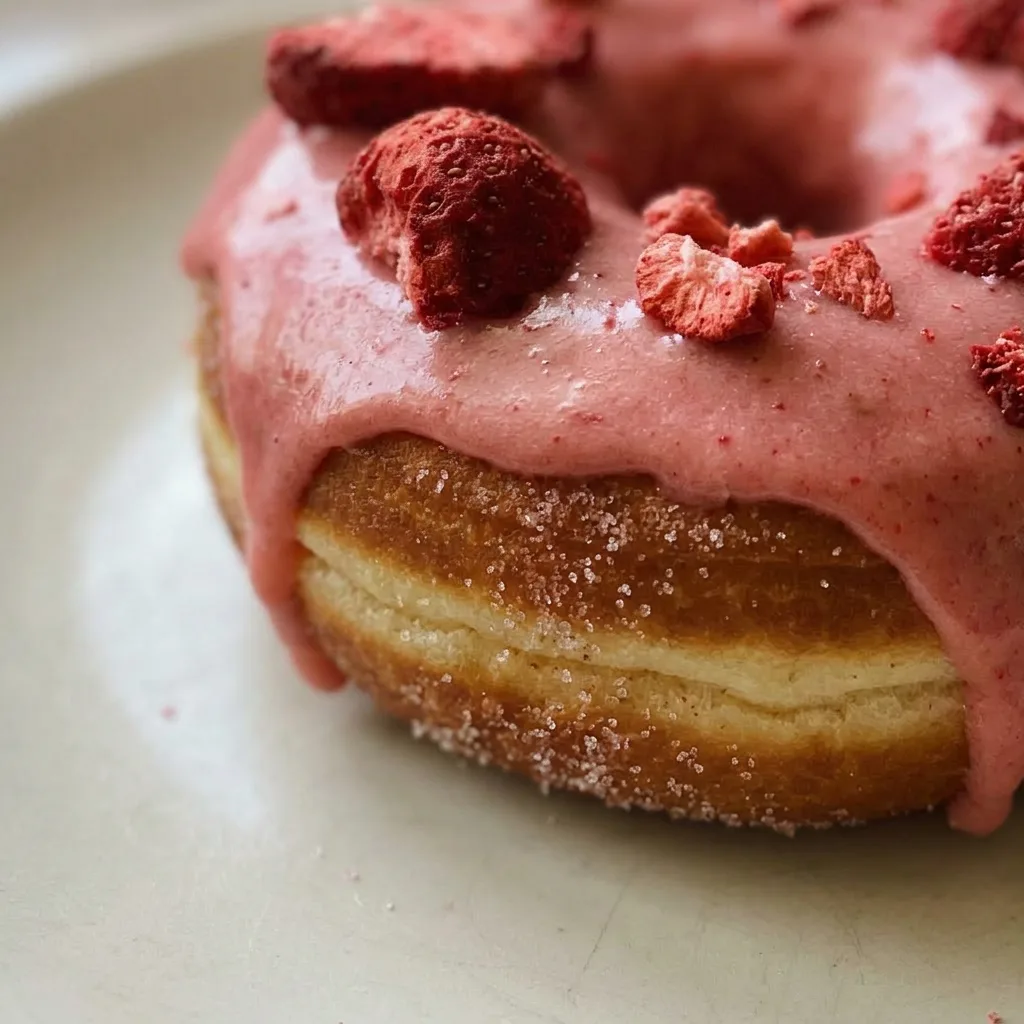Macro detail of a strawberry glazed donut showing glossy pink icing with specks of freeze-dried strawberry and a soft crumb.