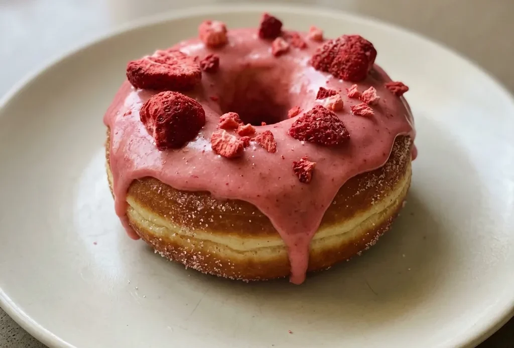 Top-down look at two strawberry glazed donuts with pink icing and crushed freeze-dried strawberry pieces visible on top.