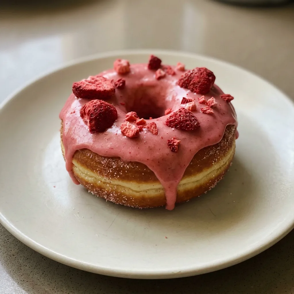 Top-down look at two strawberry glazed donuts with pink icing and crushed freeze-dried strawberry pieces visible on top.