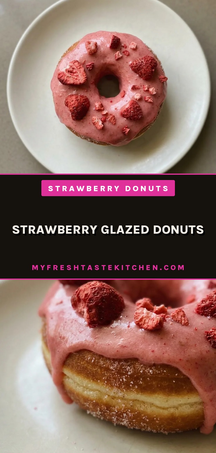 Strawberry glazed donuts topped with pink glaze and freeze-dried strawberry pieces, showing a light and airy interior.
