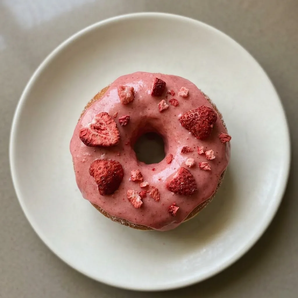A serving of three strawberry glazed donuts arranged in a triangle, each topped with pink icing and freeze-dried strawberry bits.