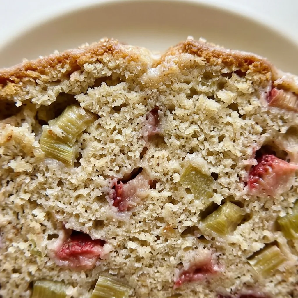 Zoomed in on a slice showing a moist crumb with chunks of strawberry and rhubarb, topped with a creamy glaze and cinnamon.