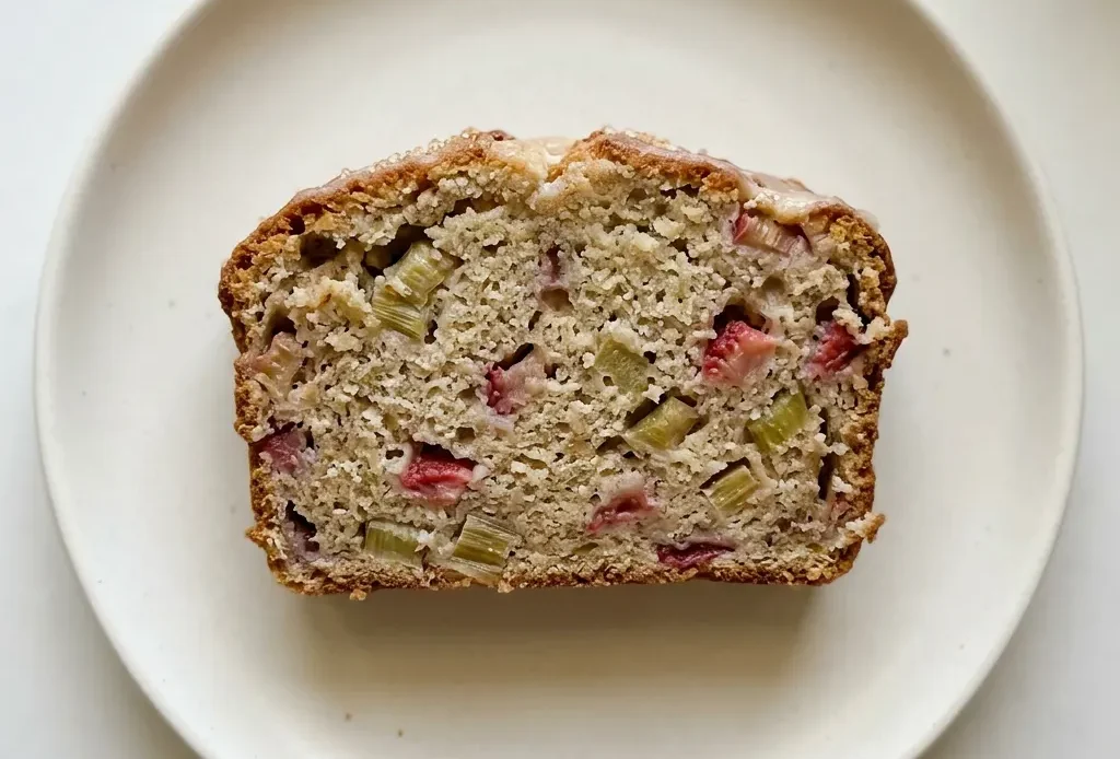 Bird's-eye view of a rectangular loaf topped with strawberry and rhubarb pieces, a yogurt glaze, and cinnamon specks.