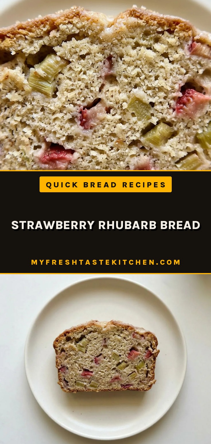 Bird's-eye view of a rectangular loaf topped with strawberry and rhubarb pieces, a yogurt glaze, and cinnamon specks.