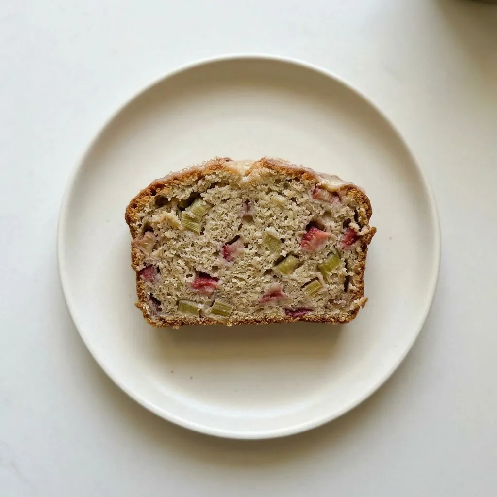 Ready to serve: a whole loaf with visible strawberry and rhubarb pieces, a white yogurt glaze, and cinnamon dusting.