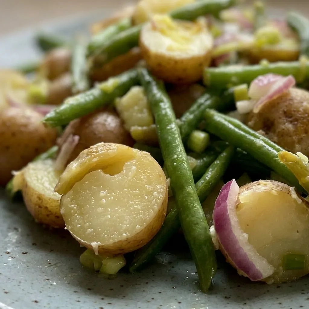 Up close, green beans and potato chunks are coated in olive oil and apple cider vinegar, with red onion slivers and lemon wedges.