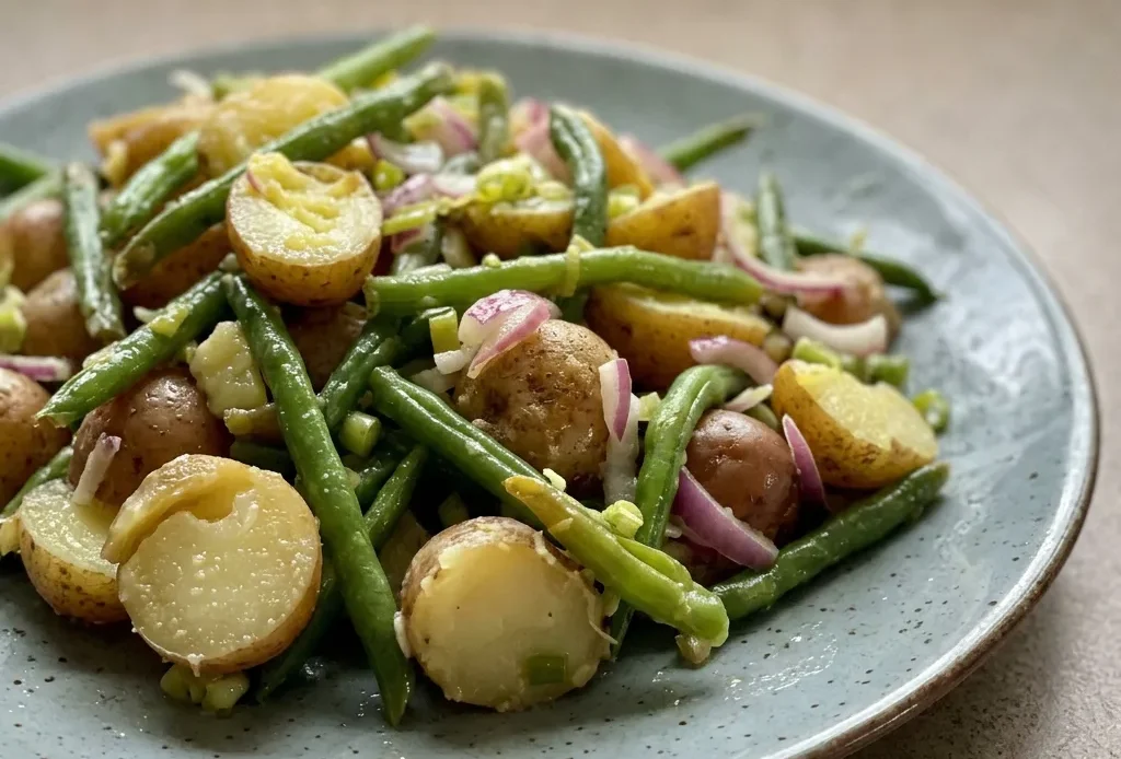 Looking down at a bowl of string bean and potato salad with red onion rings, lemon slices, and olive oil drizzle.