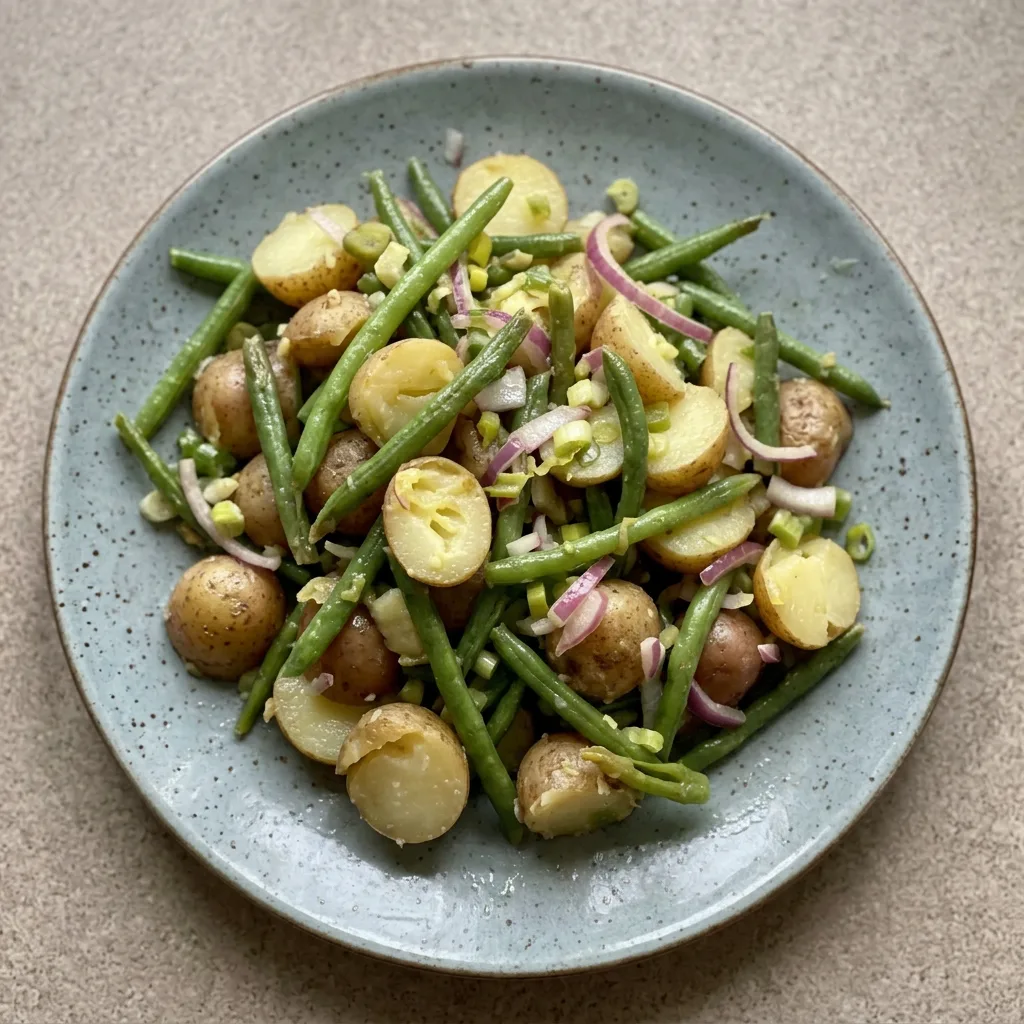 A plate of string bean and potato salad topped with red onion, lemon slices, and a splash of olive oil and vinegar.