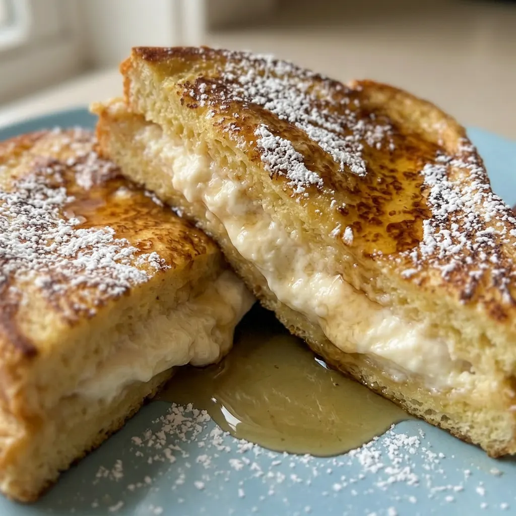 Up close, a slice of stuffed French toast with cream cheese oozing out, dusted with powdered sugar and cinnamon.
