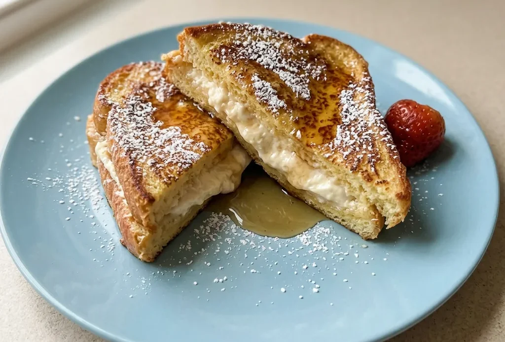 Looking down at two slices of French toast topped with powdered sugar and cinnamon, cream cheese visible between the bread.