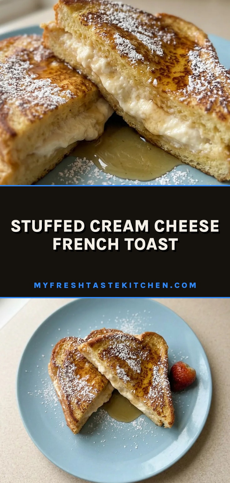 Stuffed cream cheese french toast with cinnamon and powdered sugar on top.