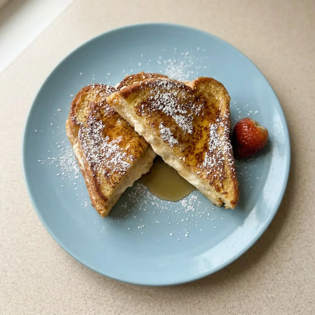 A plate of French toast halves filled with cream cheese, sprinkled with powdered sugar and cinnamon.
