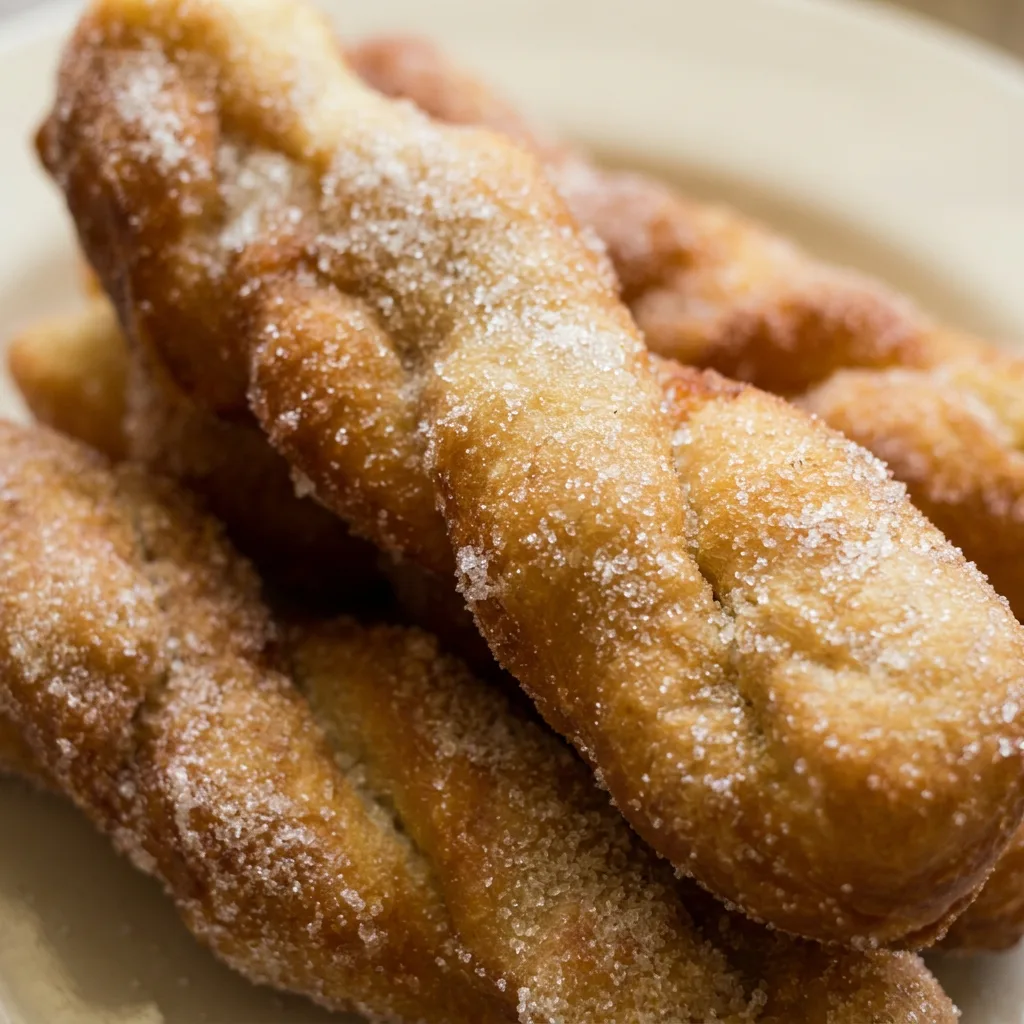 Zoomed in on a sugar twist donut with golden brown crust and glossy yogurt icing.