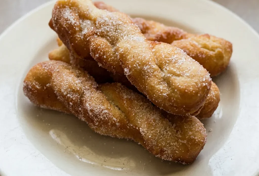 Bird's-eye view of twisted donuts with yogurt glaze and vanilla specks on a dark surface.