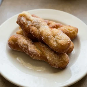 Bird's-eye view of twisted donuts with yogurt glaze and vanilla specks on a dark surface.