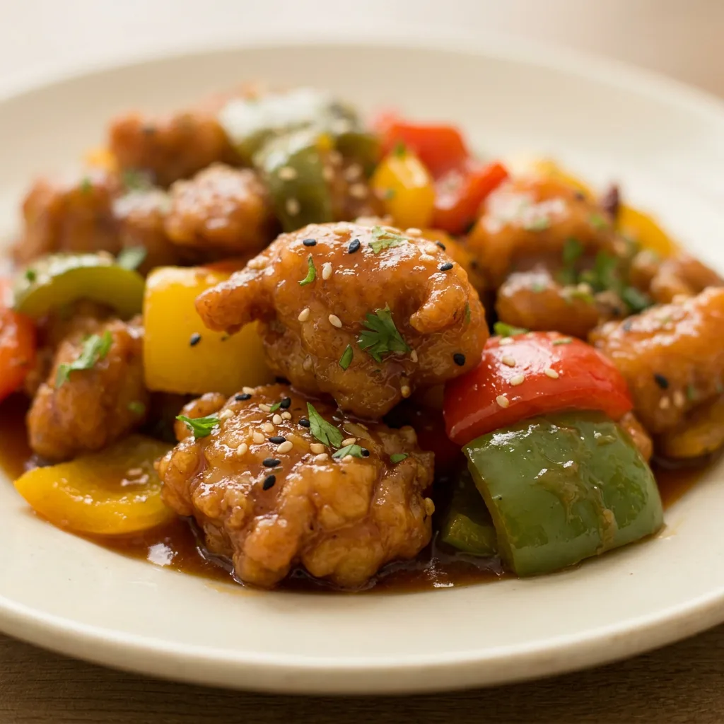 Close view of a chicken thigh piece coated in thick sauce, with bell pepper and a drizzle of ketchup-based glaze.