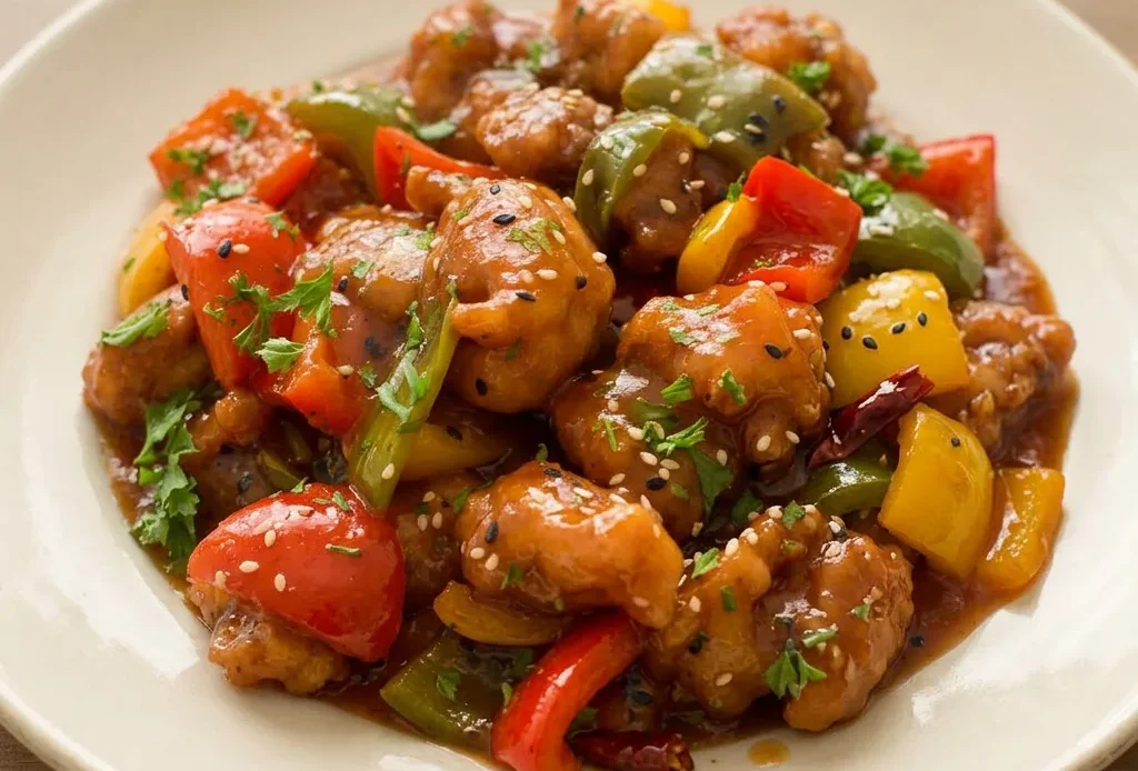 Overhead shot of glazed chicken thighs and bell pepper chunks in a glossy sauce, sprinkled with sesame seeds.