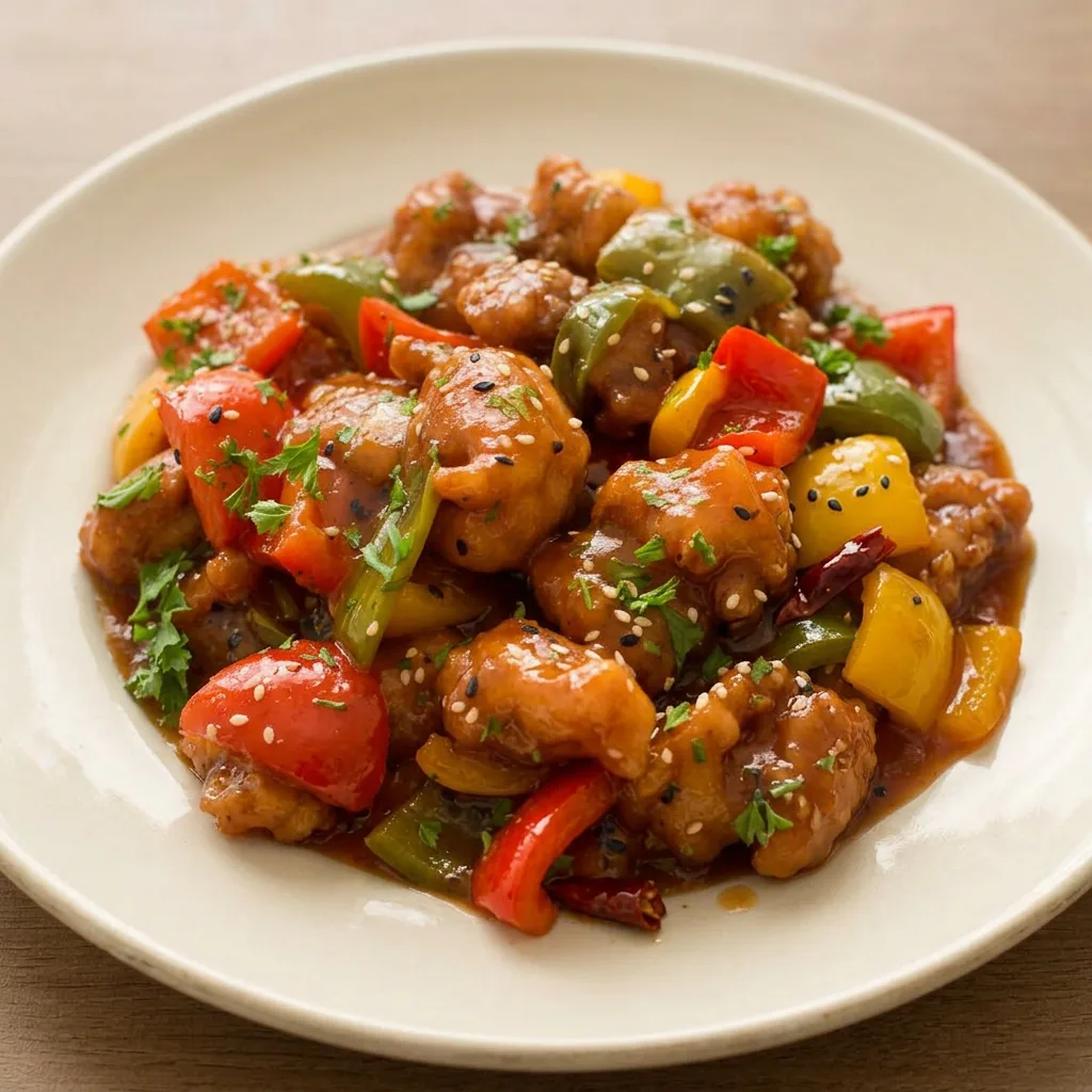 Overhead shot of glazed chicken thighs and bell pepper chunks in a glossy sauce, sprinkled with sesame seeds.