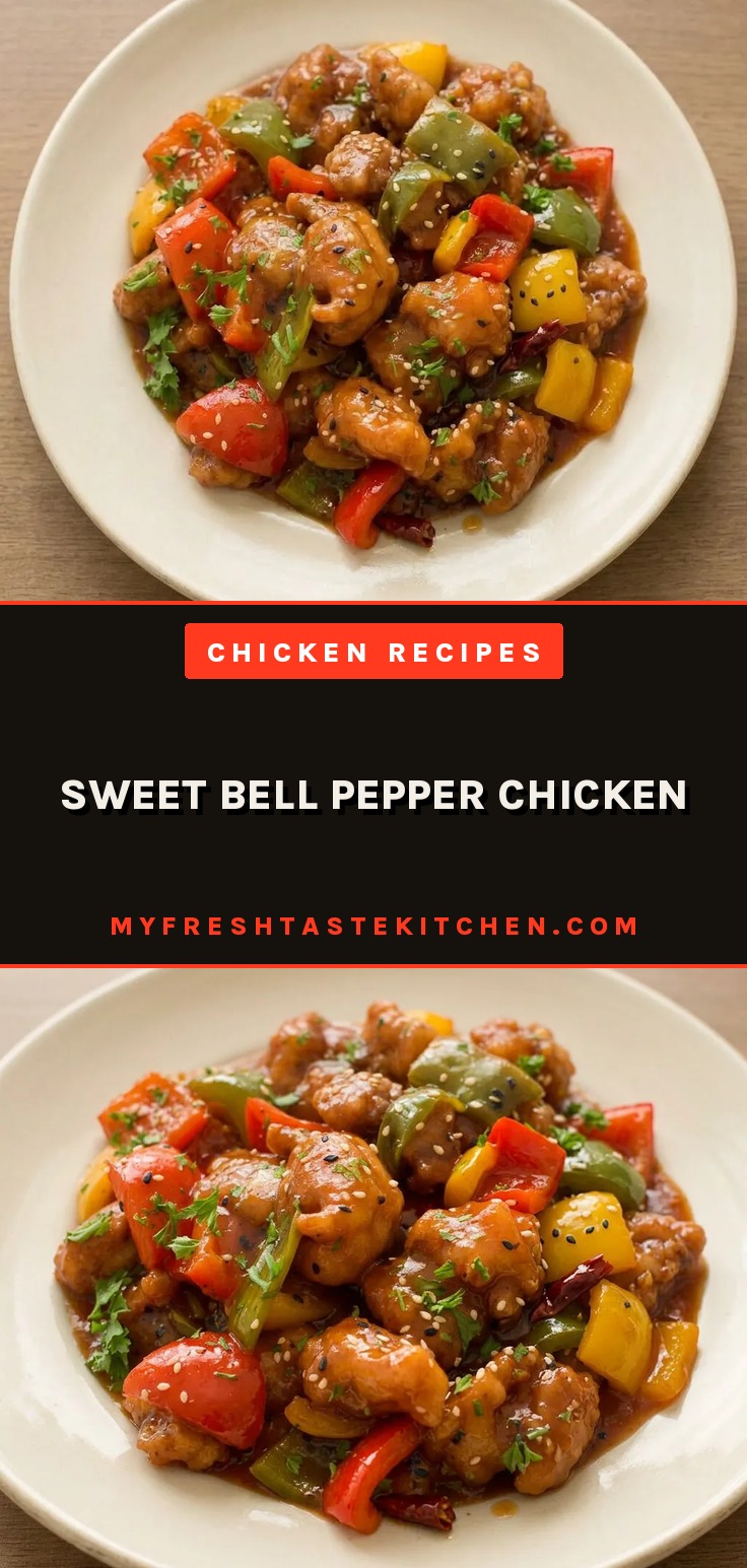 Overhead shot of glazed chicken thighs and bell pepper chunks in a glossy sauce, sprinkled with sesame seeds.