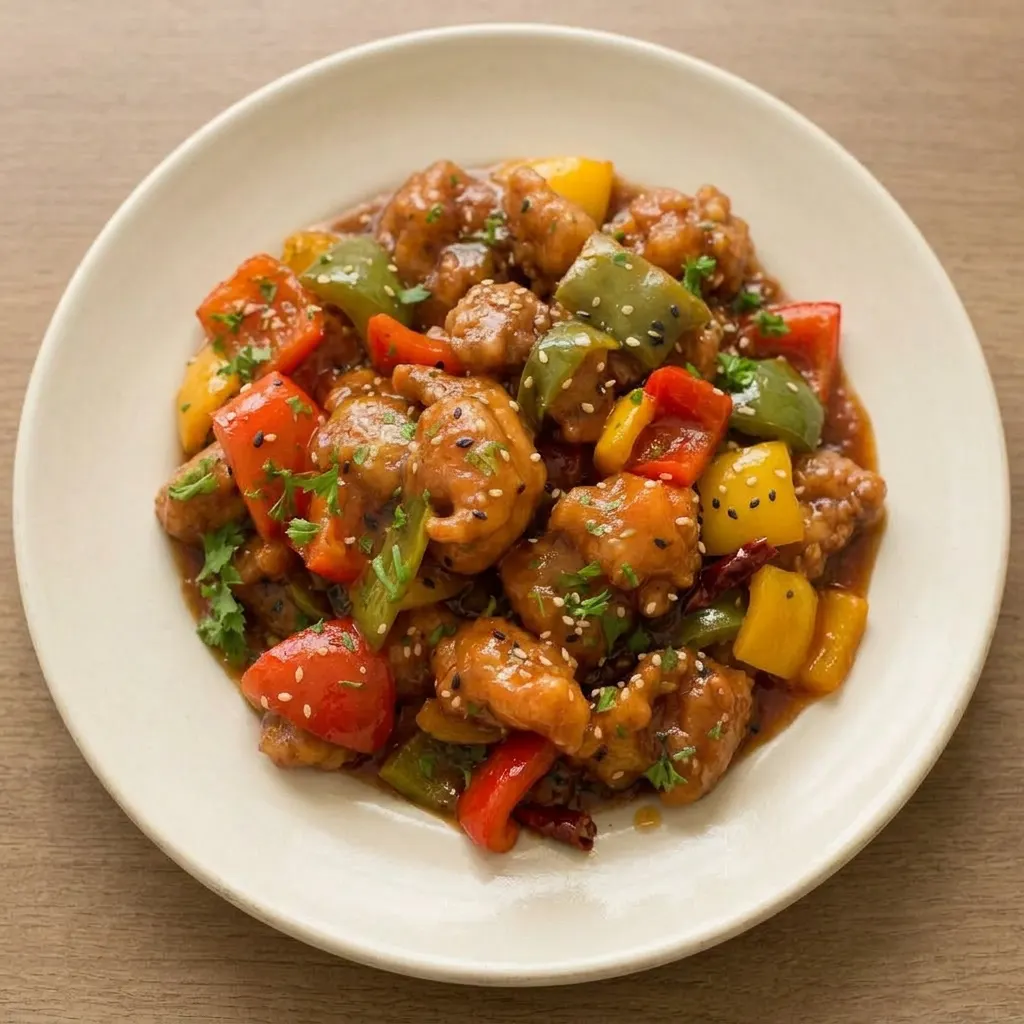 Plated chicken and bell peppers in a rich sauce, garnished with sliced green onions and sesame seeds.