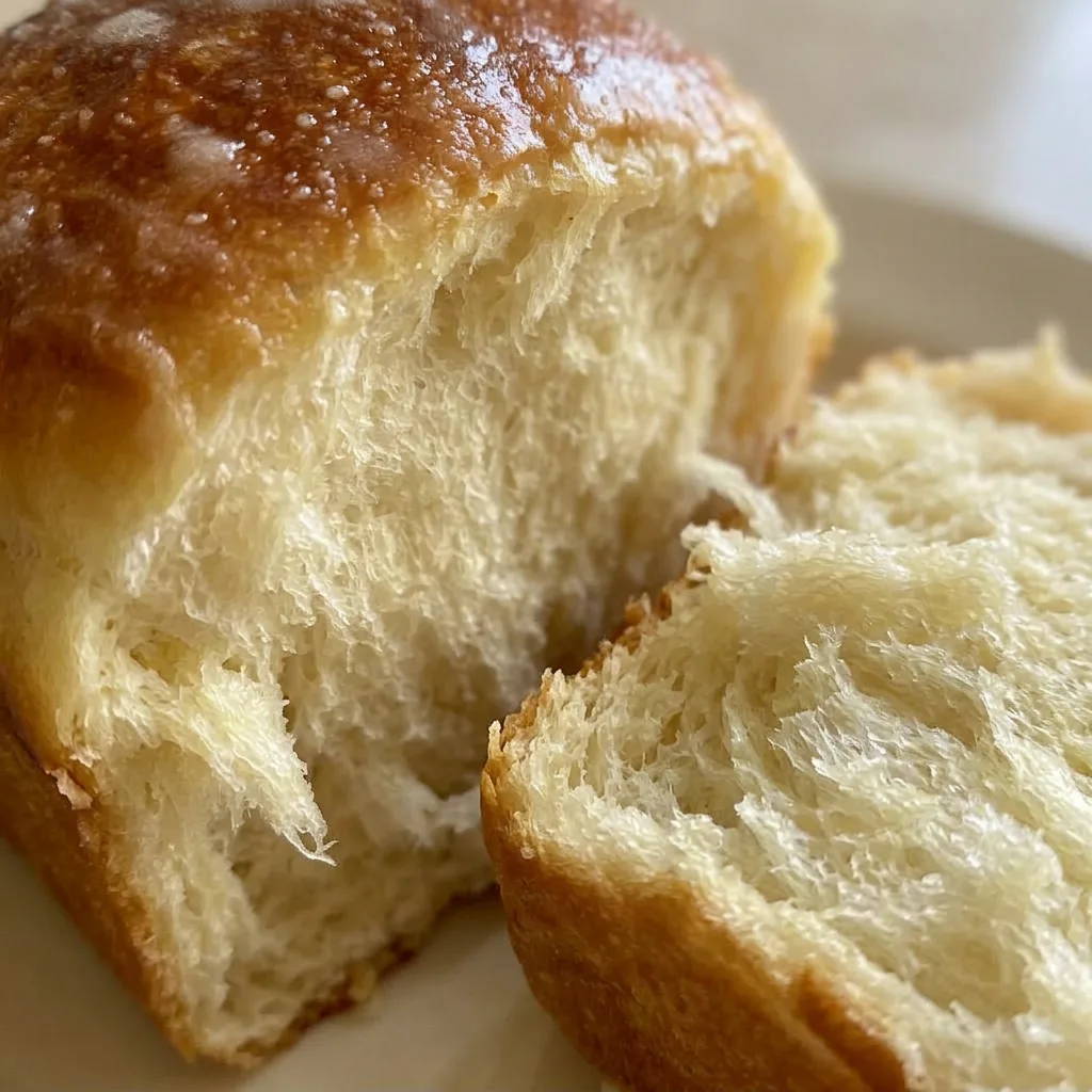 Close view of a slice of bread with a glossy condensed milk glaze, a butter pat melting into the crumb.