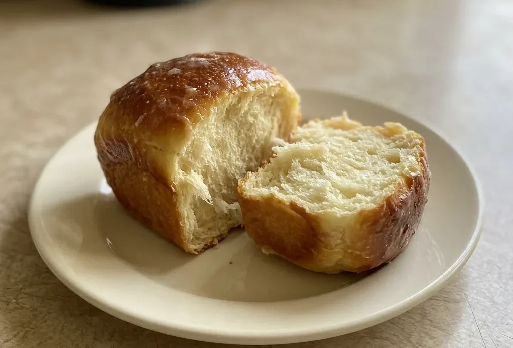 Overhead shot of a round loaf glazed with condensed milk, sliced into wedges, with a pat of butter on top.